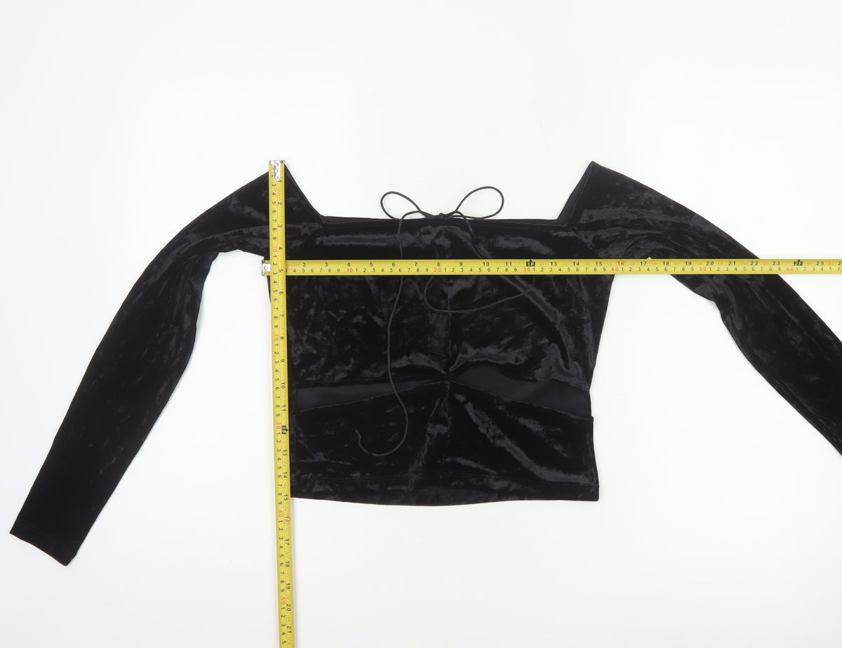 Monki Women Black UK 14 Cropped Off Shoulder Velvet Tie Top