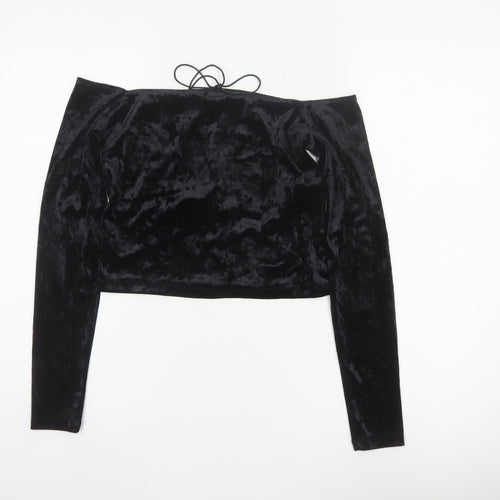 Monki Women Black UK 14 Cropped Off Shoulder Velvet Tie Top