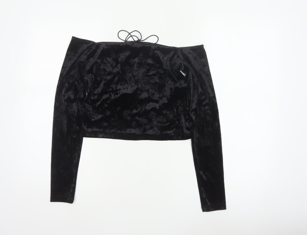 Monki Women Black UK 14 Cropped Off Shoulder Velvet Tie Top