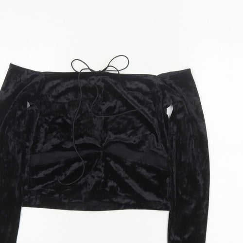 Monki Women Black UK 14 Cropped Off Shoulder Velvet Tie Top