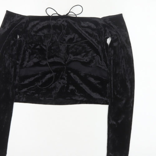 Monki Women Black UK 14 Cropped Off Shoulder Velvet Tie Top