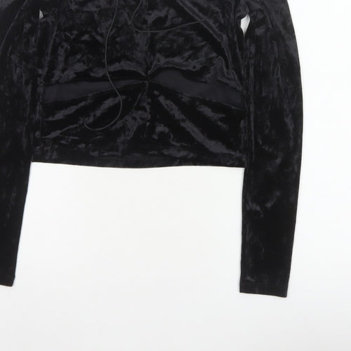 Monki Women Black UK 14 Cropped Off Shoulder Velvet Tie Top