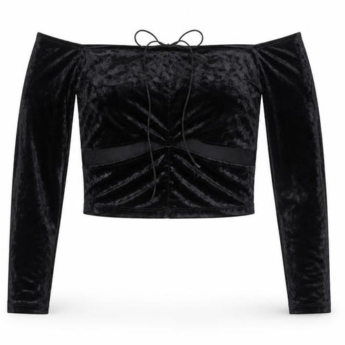 Monki Women Black UK 14 Cropped Off Shoulder Velvet Tie Top