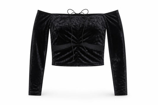 Monki Women Black UK 14 Cropped Off Shoulder Velvet Tie Top