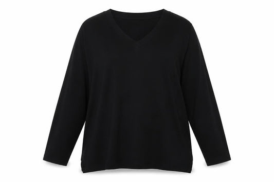 UNIQLO Women Black M Basic V-Neck Long Sleeve Lyocell Blouse