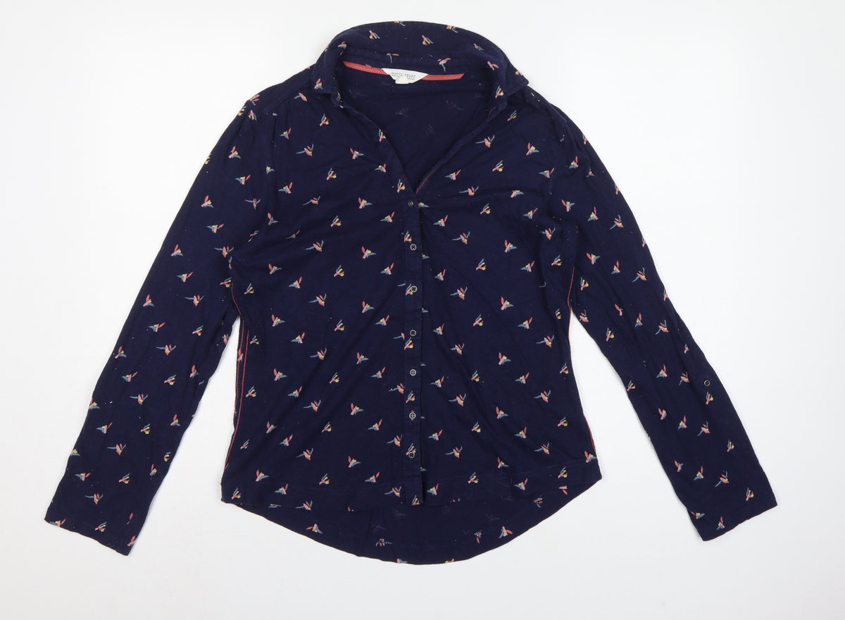 White Stuff Women’s Blue Bird Print Cotton Button-Up Shirt UK 12