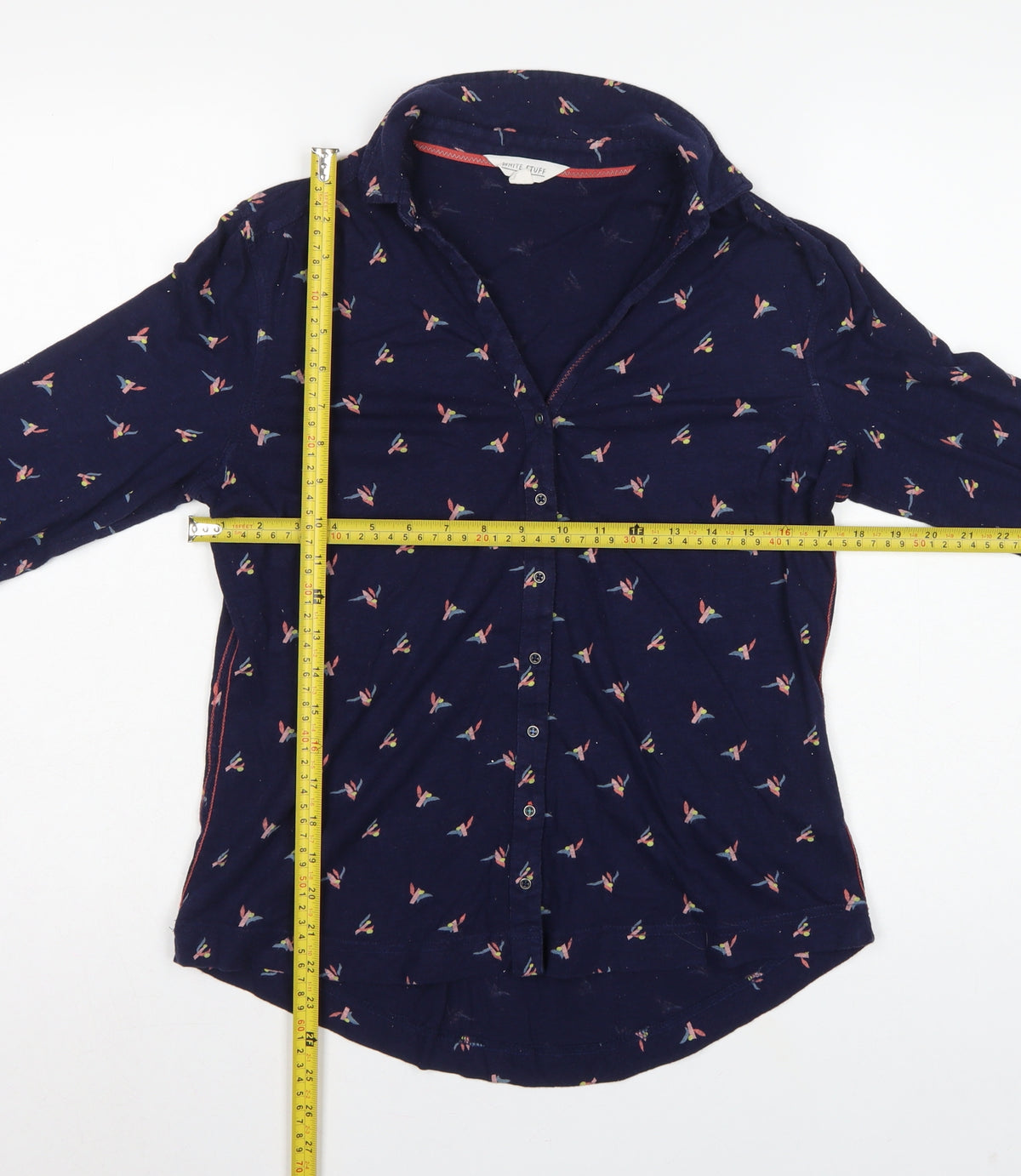 White Stuff Women’s Blue Bird Print Cotton Button-Up Shirt UK 12