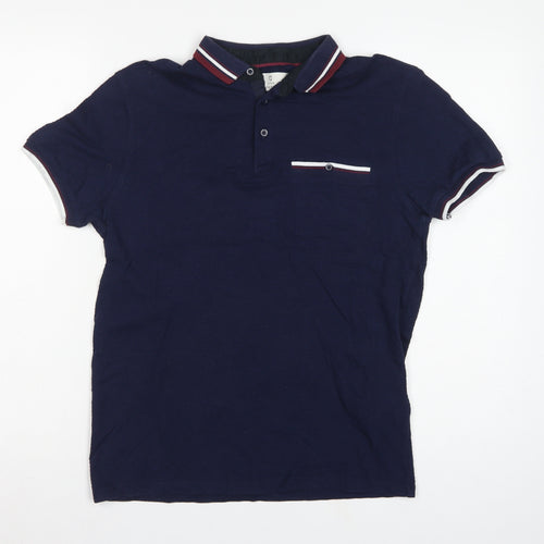 2nd Chapter Men's Blue S Cotton Piqué Short Sleeve Polo Contrast Pocket