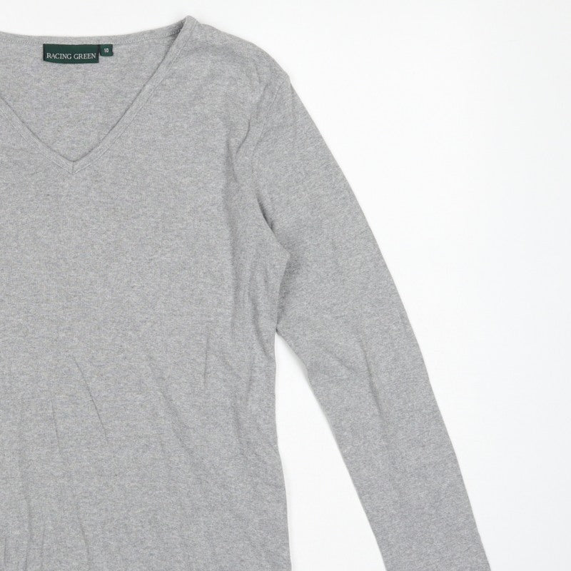 Racing Green Women's Grey Size 10 Basic V-Neck Long Sleeve Cotton T-Shirt