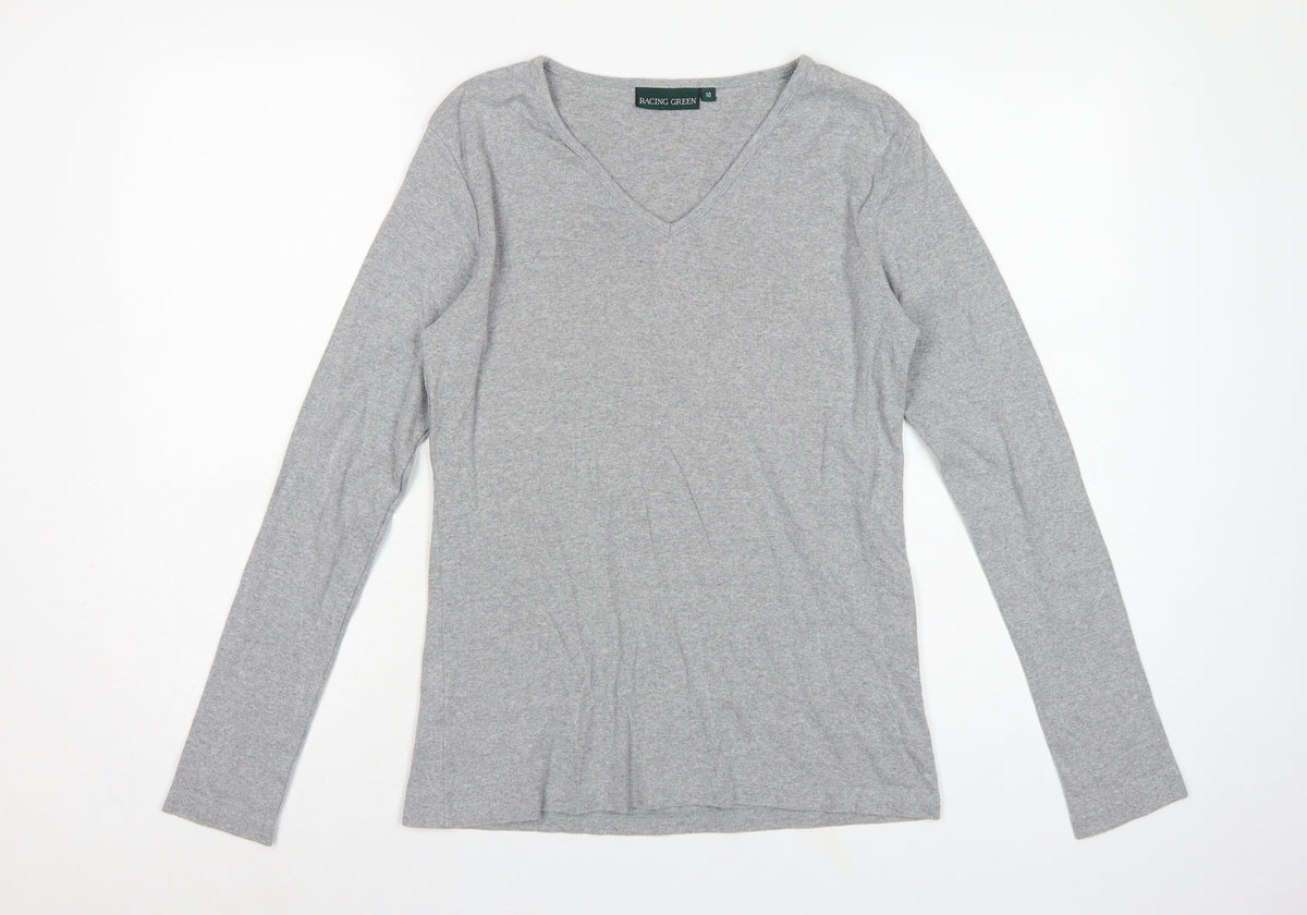 Racing Green Women's Grey Size 10 Basic V-Neck Long Sleeve Cotton T-Shirt