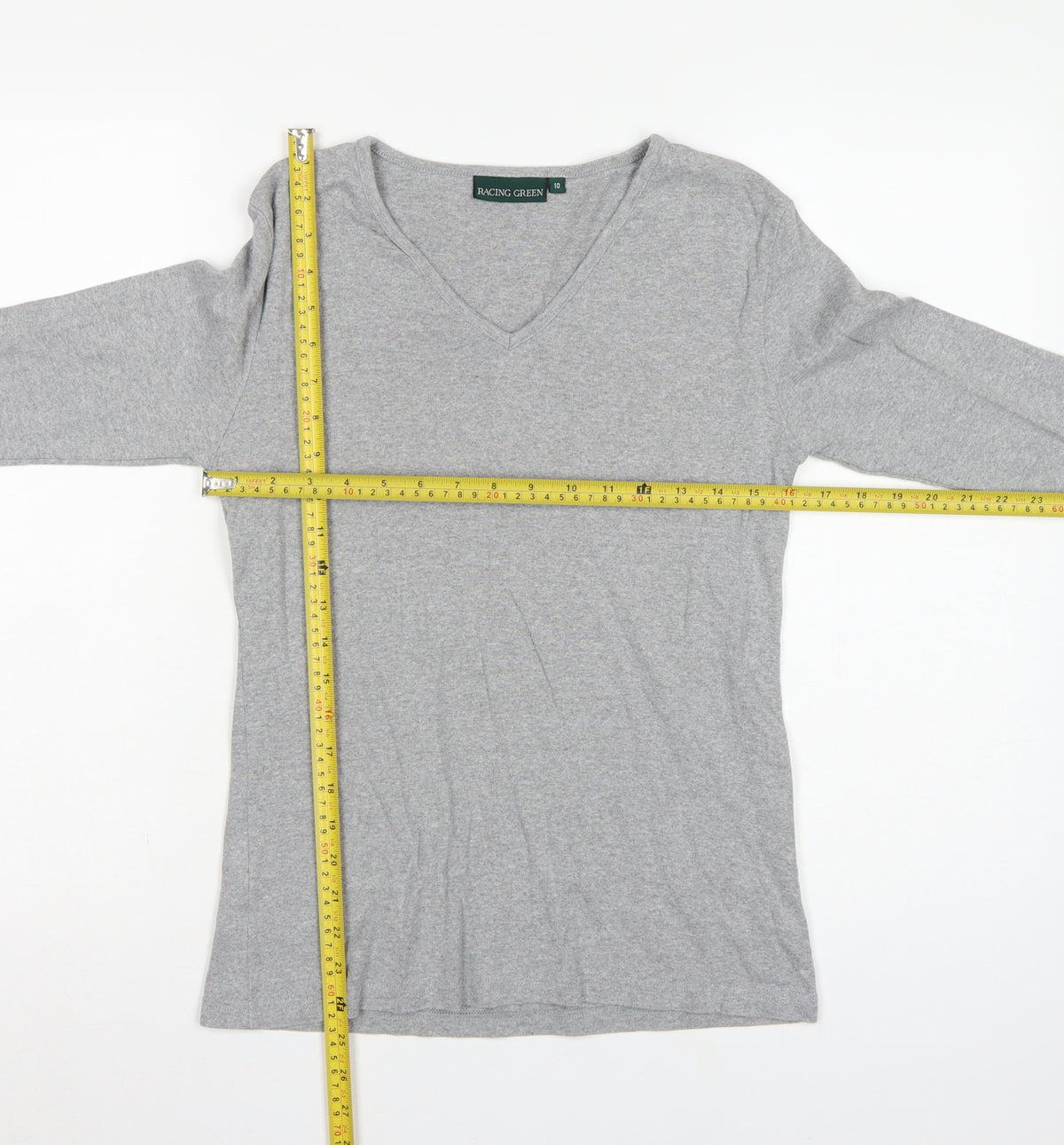 Racing Green Women's Grey Size 10 Basic V-Neck Long Sleeve Cotton T-Shirt