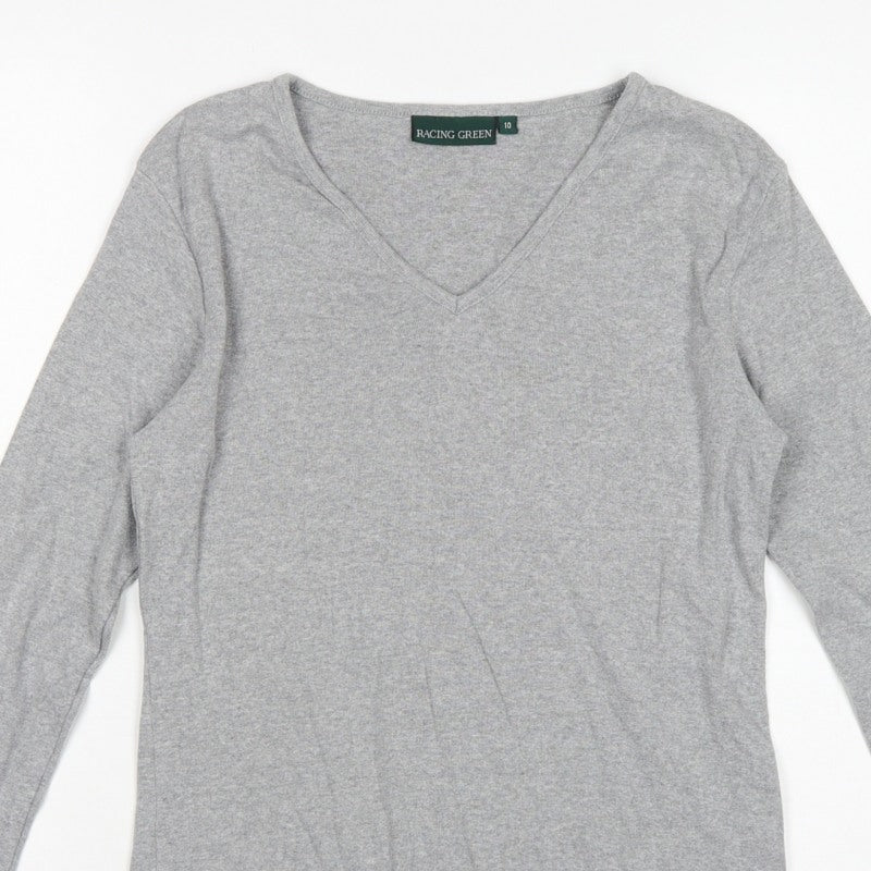 Racing Green Women's Grey Size 10 Basic V-Neck Long Sleeve Cotton T-Shirt