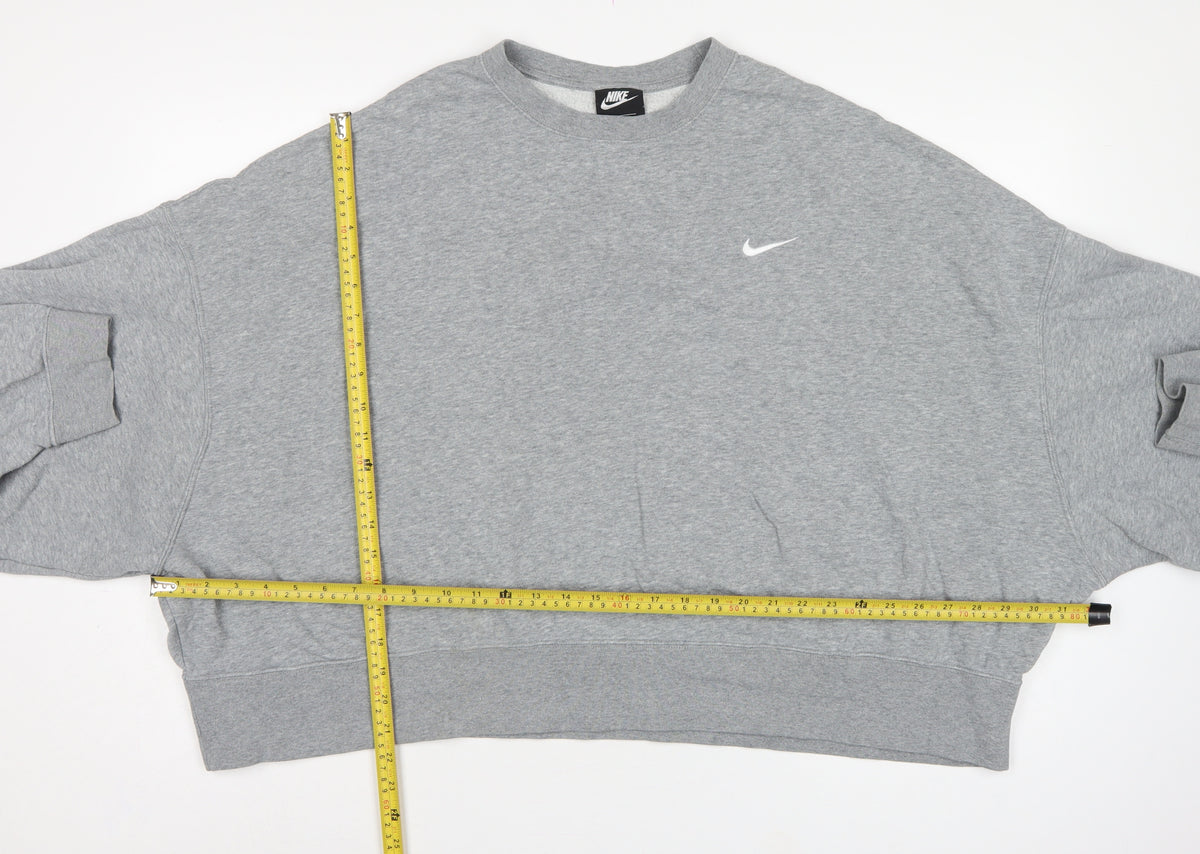 Close-up detail of Nike Women’s Grey 2XL Pullover Crew Neck Logo Sweatshirt