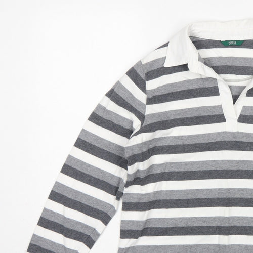 Marks & Spencer Women Grey Stripe Cotton Long Sleeve Polo Top UK 14
