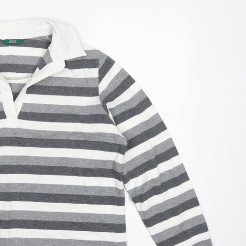 Marks & Spencer Women Grey Stripe Cotton Long Sleeve Polo Top UK 14