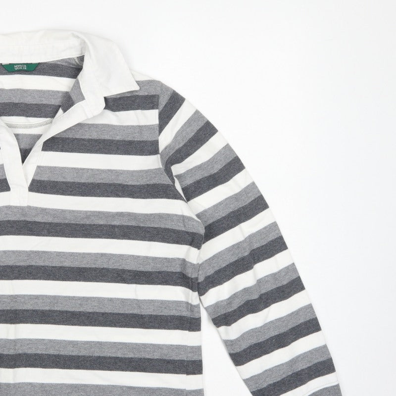 Marks & Spencer Women Grey Stripe Cotton Long Sleeve Polo Top UK 14