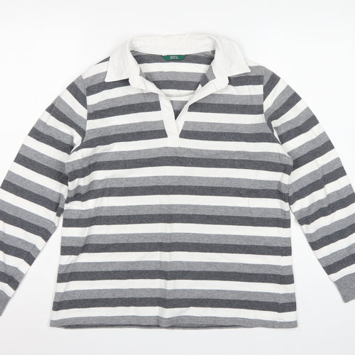 Marks & Spencer Women Grey Stripe Cotton Long Sleeve Polo Top UK 14