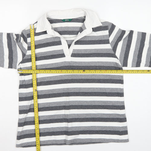 Marks & Spencer Women Grey Stripe Cotton Long Sleeve Polo Top UK 14