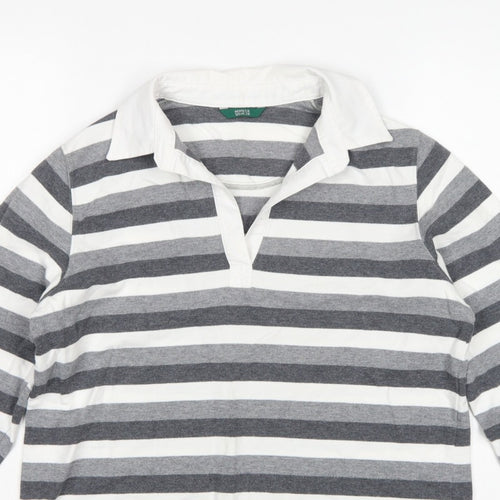 Marks & Spencer Women Grey Stripe Cotton Long Sleeve Polo Top UK 14