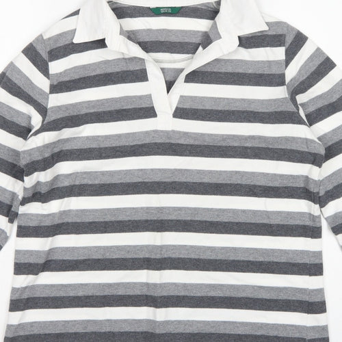 Marks & Spencer Women Grey Stripe Cotton Long Sleeve Polo Top UK 14