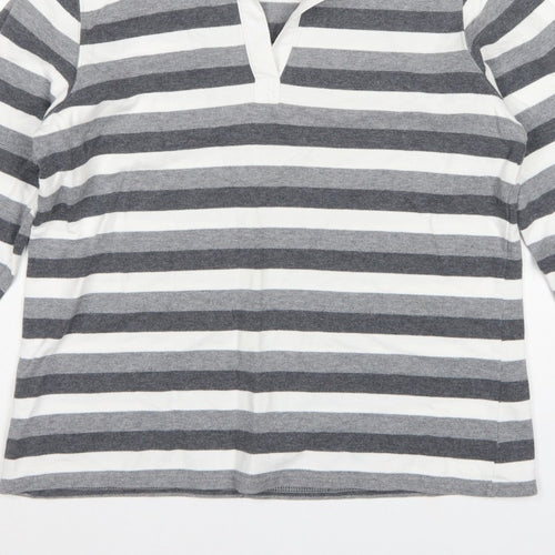 Marks & Spencer Women Grey Stripe Cotton Long Sleeve Polo Top UK 14
