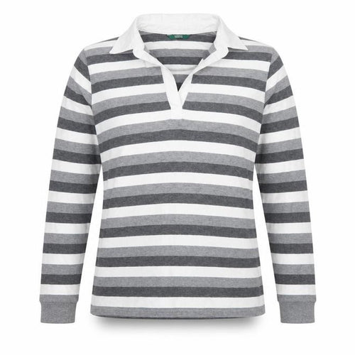 Marks & Spencer Women Grey Stripe Cotton Long Sleeve Polo Top UK 14
