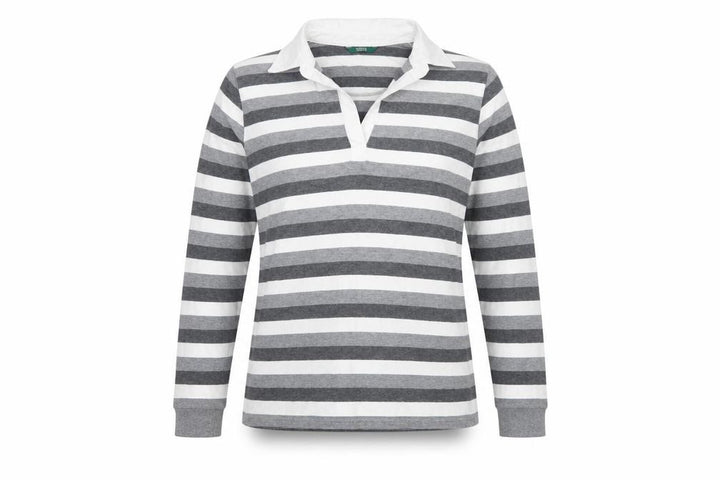 Marks & Spencer Women Grey Stripe Cotton Long Sleeve Polo Top UK 14