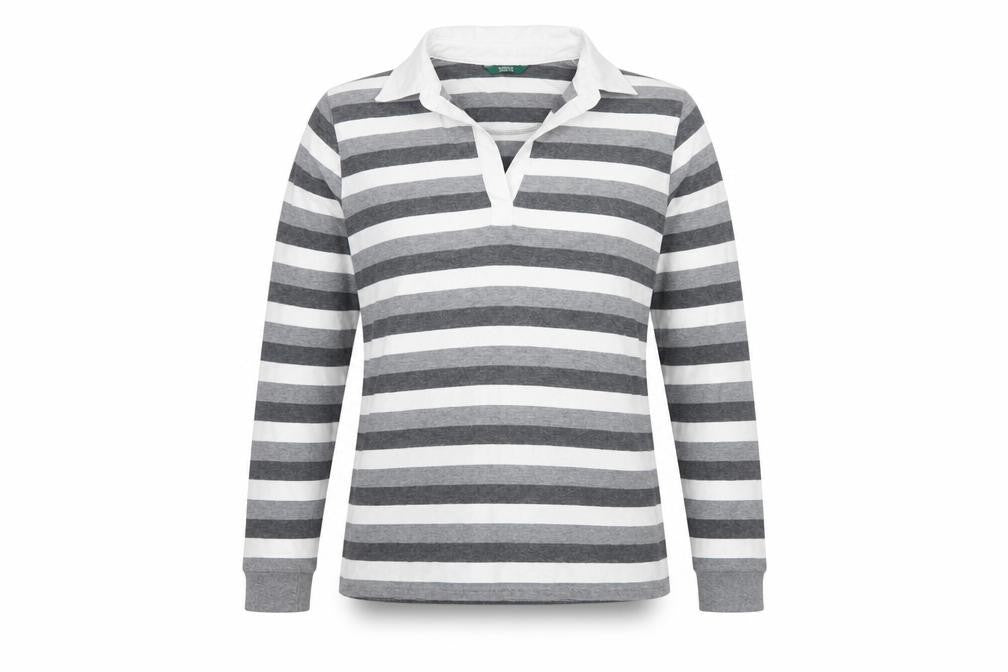 Marks & Spencer Women Grey Stripe Cotton Long Sleeve Polo Top UK 14