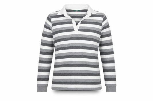 Marks & Spencer Women Grey Stripe Cotton Long Sleeve Polo Top UK 14