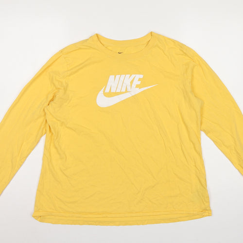 Nike Women Yellow XL Logo Long Sleeve Crew Neck Cotton T-Shirt
