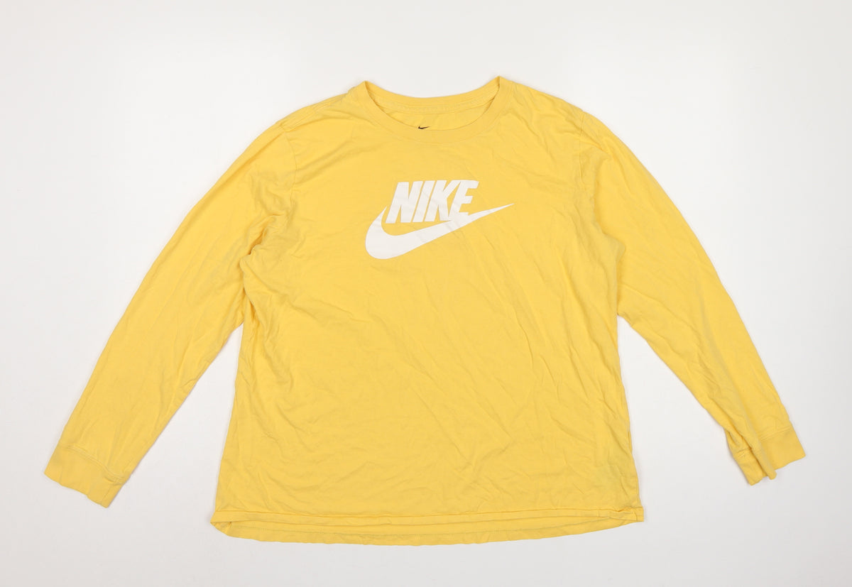 Nike Women Yellow XL Logo Long Sleeve Crew Neck Cotton T-Shirt