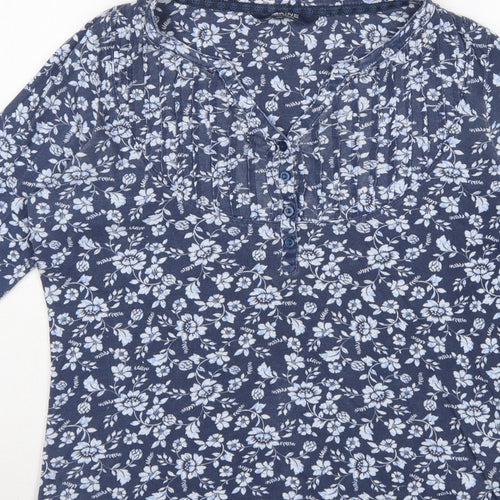 Maine New England Women's Blue Size 14 Floral Henley Long Sleeve Top