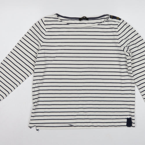 Jaeger Women White Navy Stripe L Jersey Boat Neck Button Top
