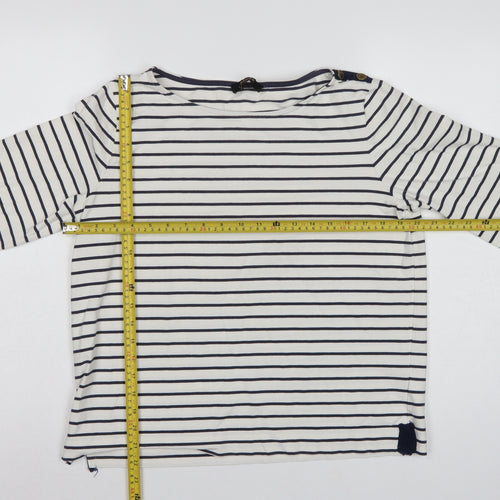 Jaeger Women White Navy Stripe L Jersey Boat Neck Button Top