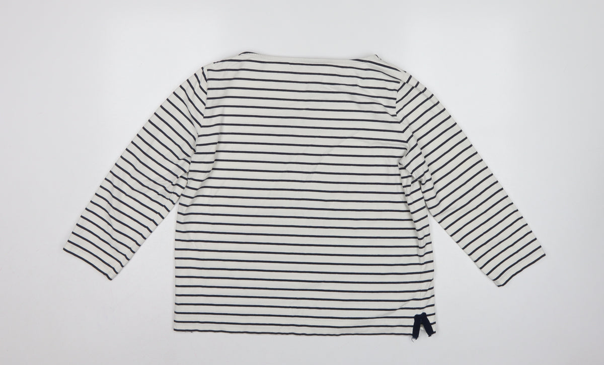 Jaeger Women White Navy Stripe L Jersey Boat Neck Button Top