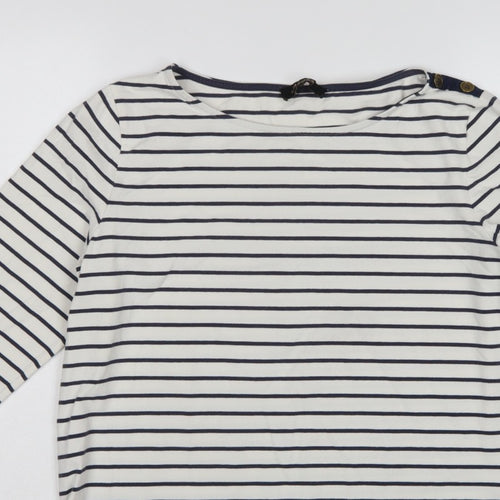 Jaeger Women White Navy Stripe L Jersey Boat Neck Button Top