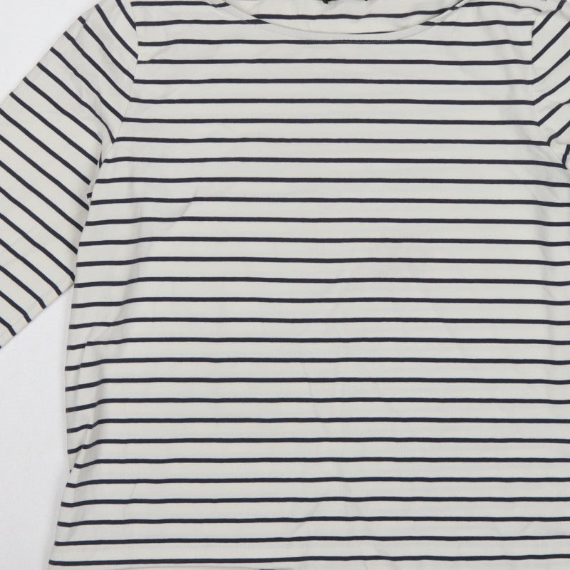 Jaeger Women White Navy Stripe L Jersey Boat Neck Button Top