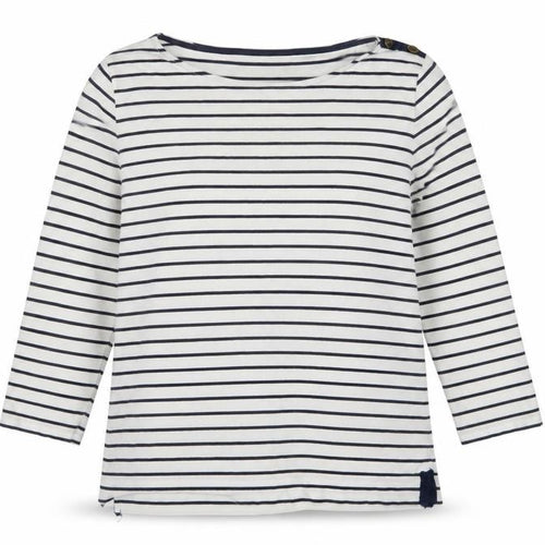 Jaeger Women White Navy Stripe L Jersey Boat Neck Button Top