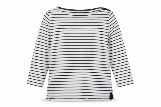 Jaeger Women White Navy Stripe L Jersey Boat Neck Button Top