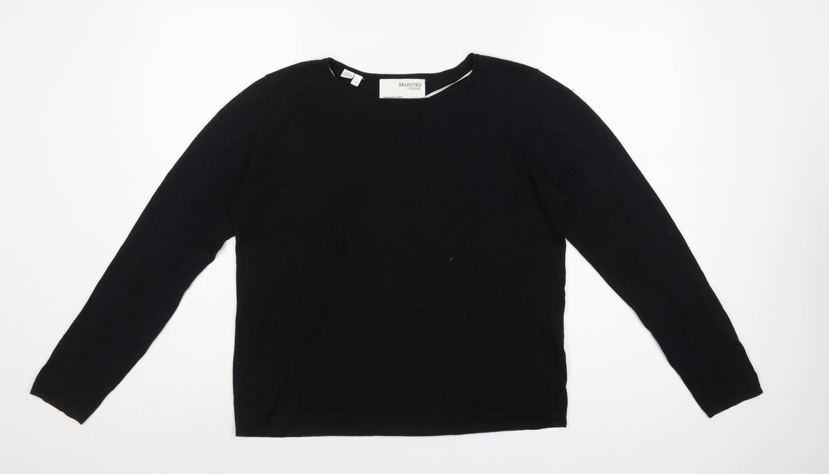 Selected Femme Women’s Black L Tencel Cotton Fine Knit Crew Neck Jumper