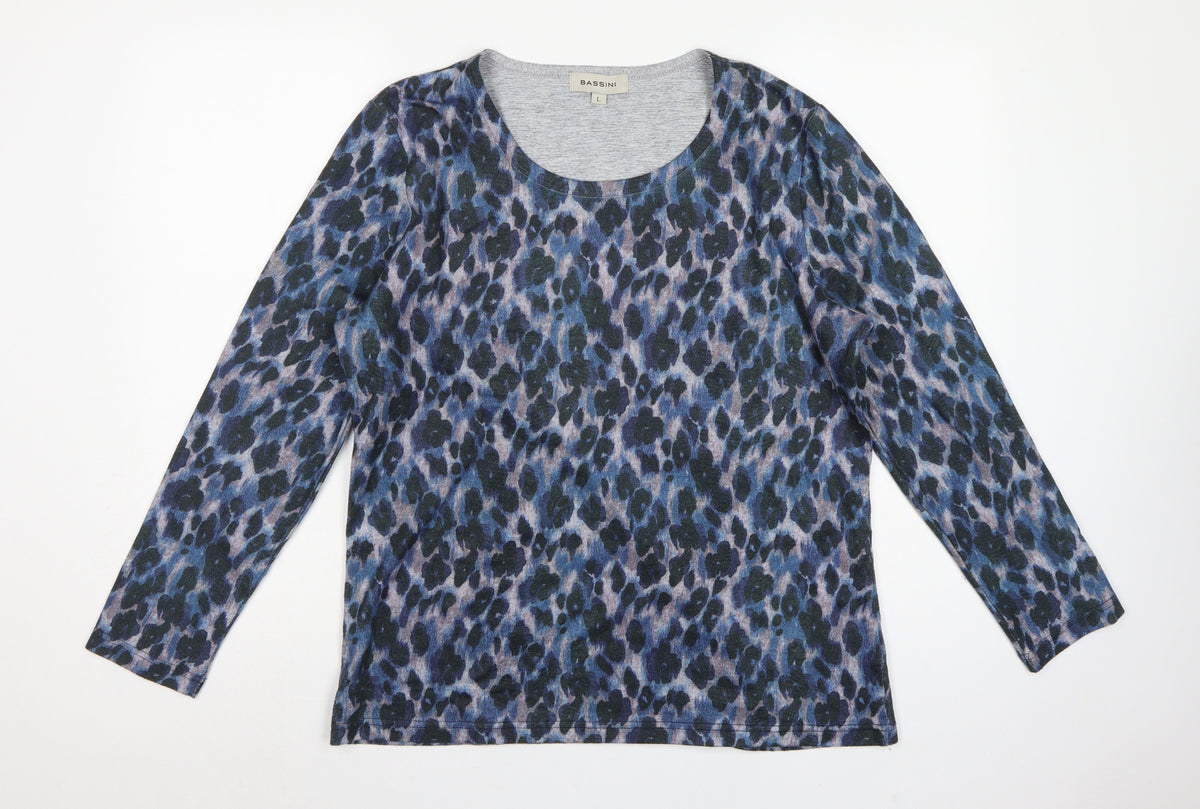 Bassini Women’s Blue Animal Print Long Sleeve Jersey T-Shirt Size L