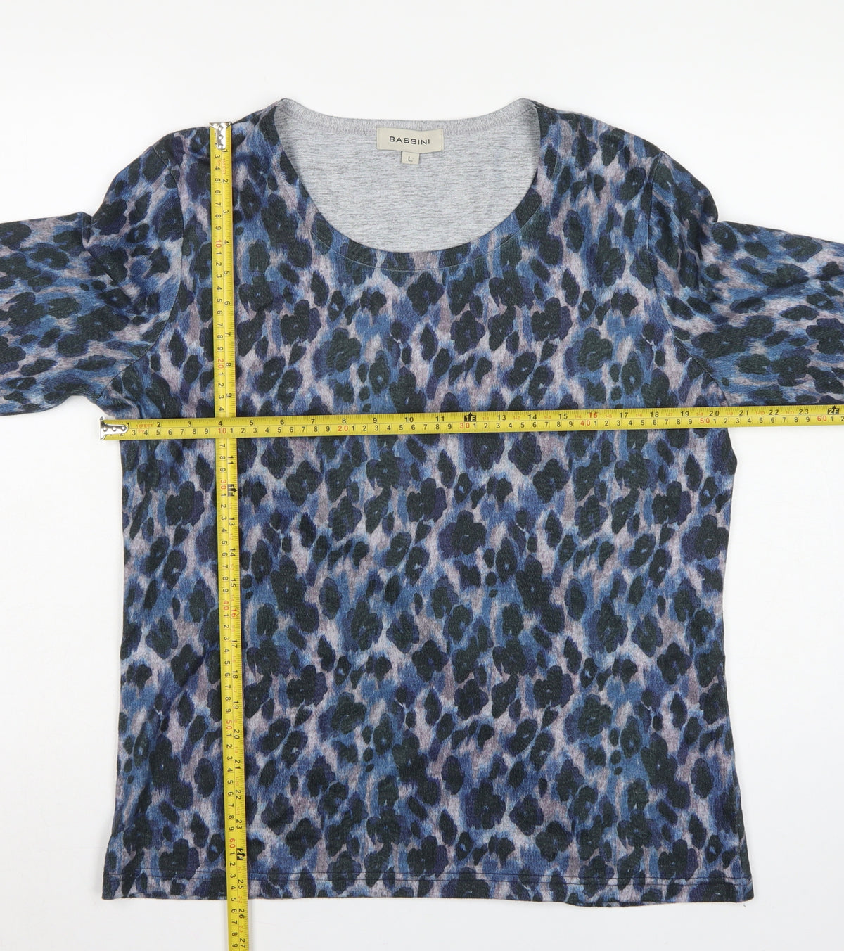 Bassini Women’s Blue Animal Print Long Sleeve Jersey T-Shirt Size L