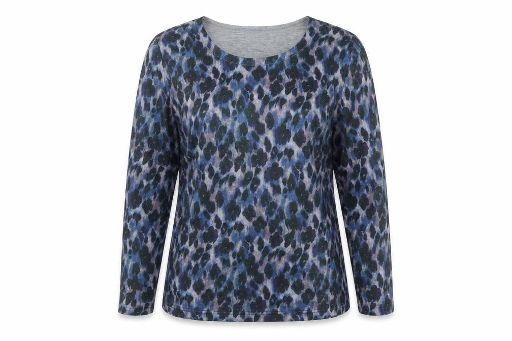 Bassini Women’s Blue Animal Print Long Sleeve Jersey T-Shirt Size L