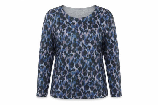 Bassini Women’s Blue Animal Print Long Sleeve Jersey T-Shirt Size L