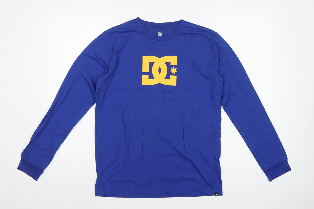 Back view of DC boys’ blue yellow logo graphic long sleeve pyjama top age 16