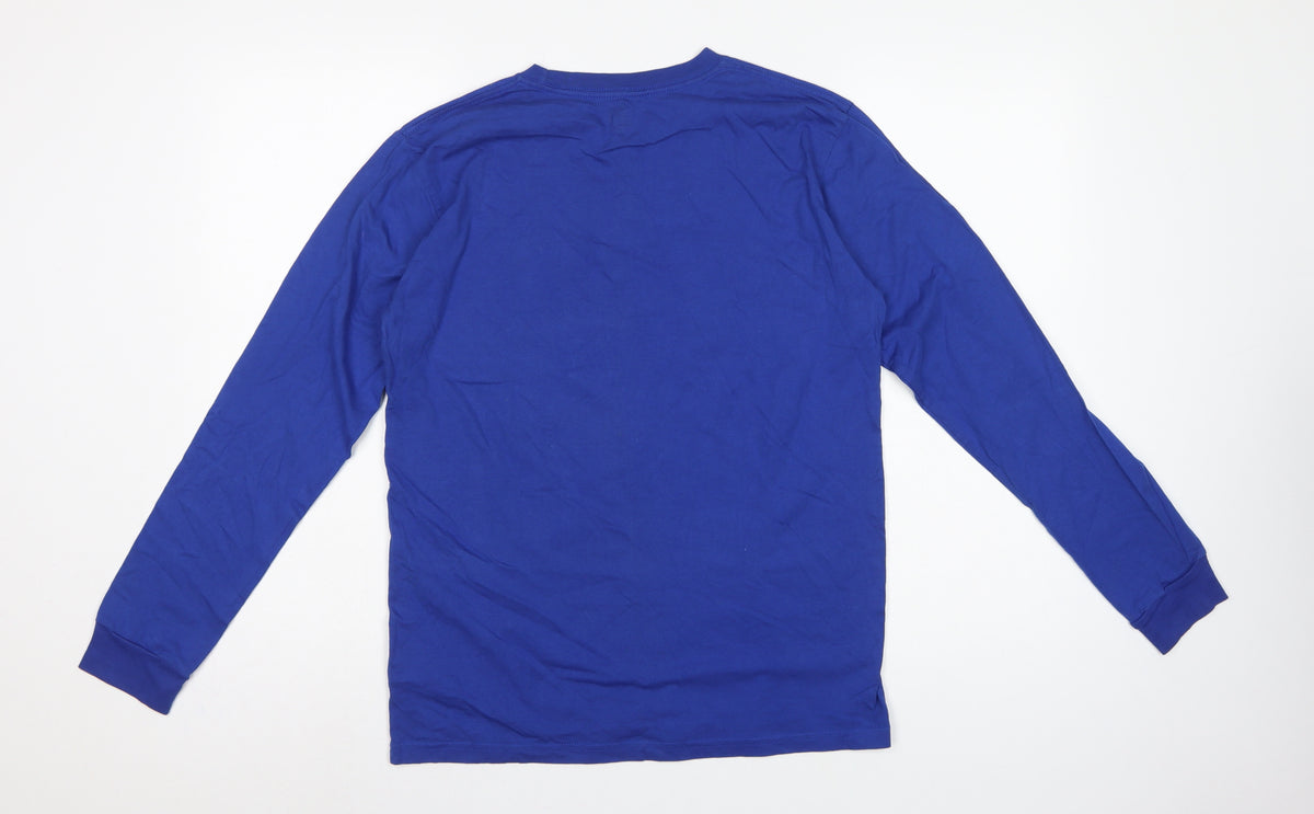 Brand and care label for DC boys’ blue yellow logo graphic long sleeve pyjama top age 16