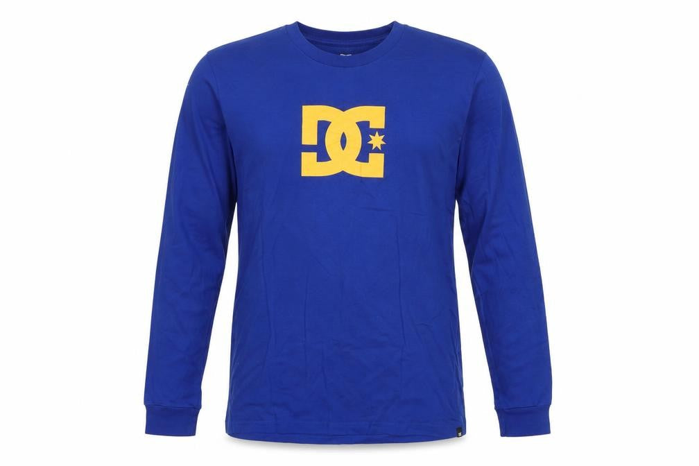Front view of DC boys’ blue yellow logo graphic long sleeve pyjama top age 16