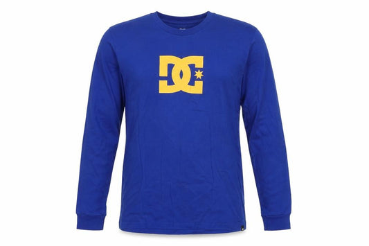 Front view of DC boys’ blue yellow logo graphic long sleeve pyjama top age 16