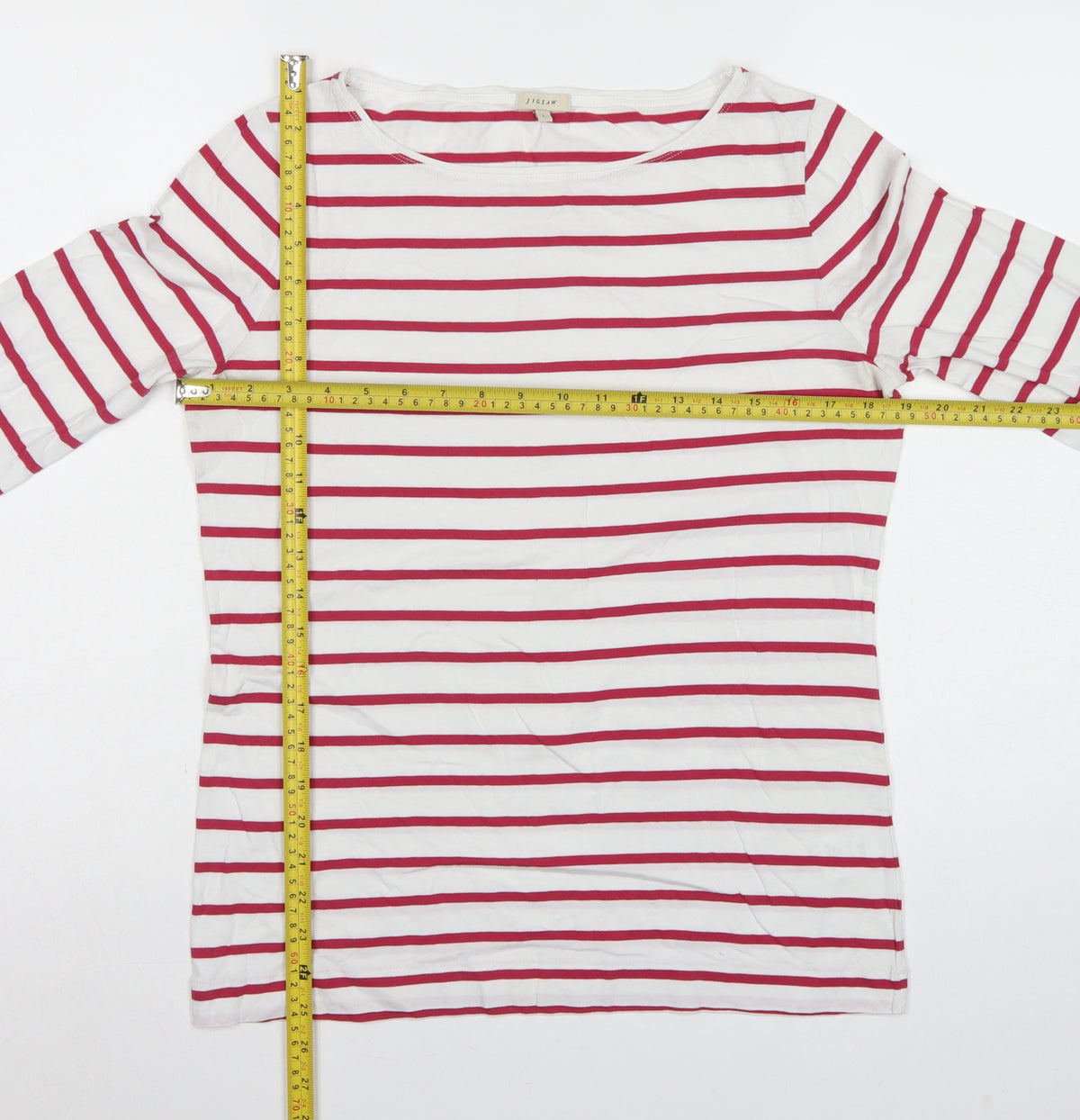 Jigsaw Women White Red Striped Cotton Jersey Long Sleeve Top Size L