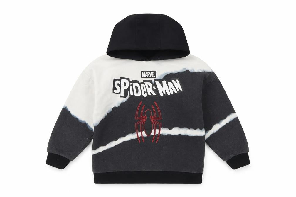 Front view of Marvel boys’ black white spider-man hoodie 5-6 years graphic pullover
